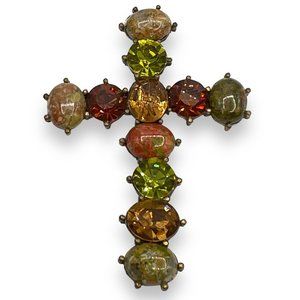 2.25" Cross Pendant - Green/Topaz/Amber Rhinestone & Genuine Unakite Gemstone